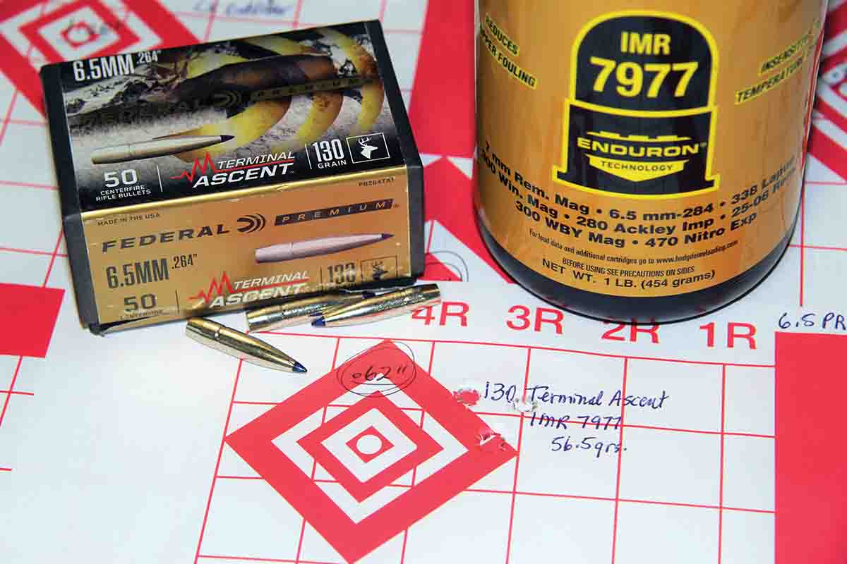 The 6.5 PRC barrel did its best work with handloads while shooting a Federal Premium 130-grain Terminal Ascent seated over 56.5 grains of IMR-7977. That group measured .62 inch at 2,829 fps.